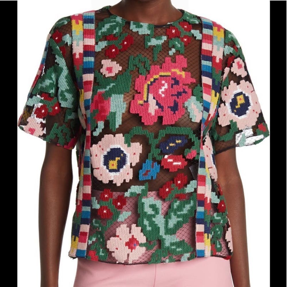Valentino Women’s sheer textured floral short sleeve blouses size 8, NWT - Picture 2 of 14